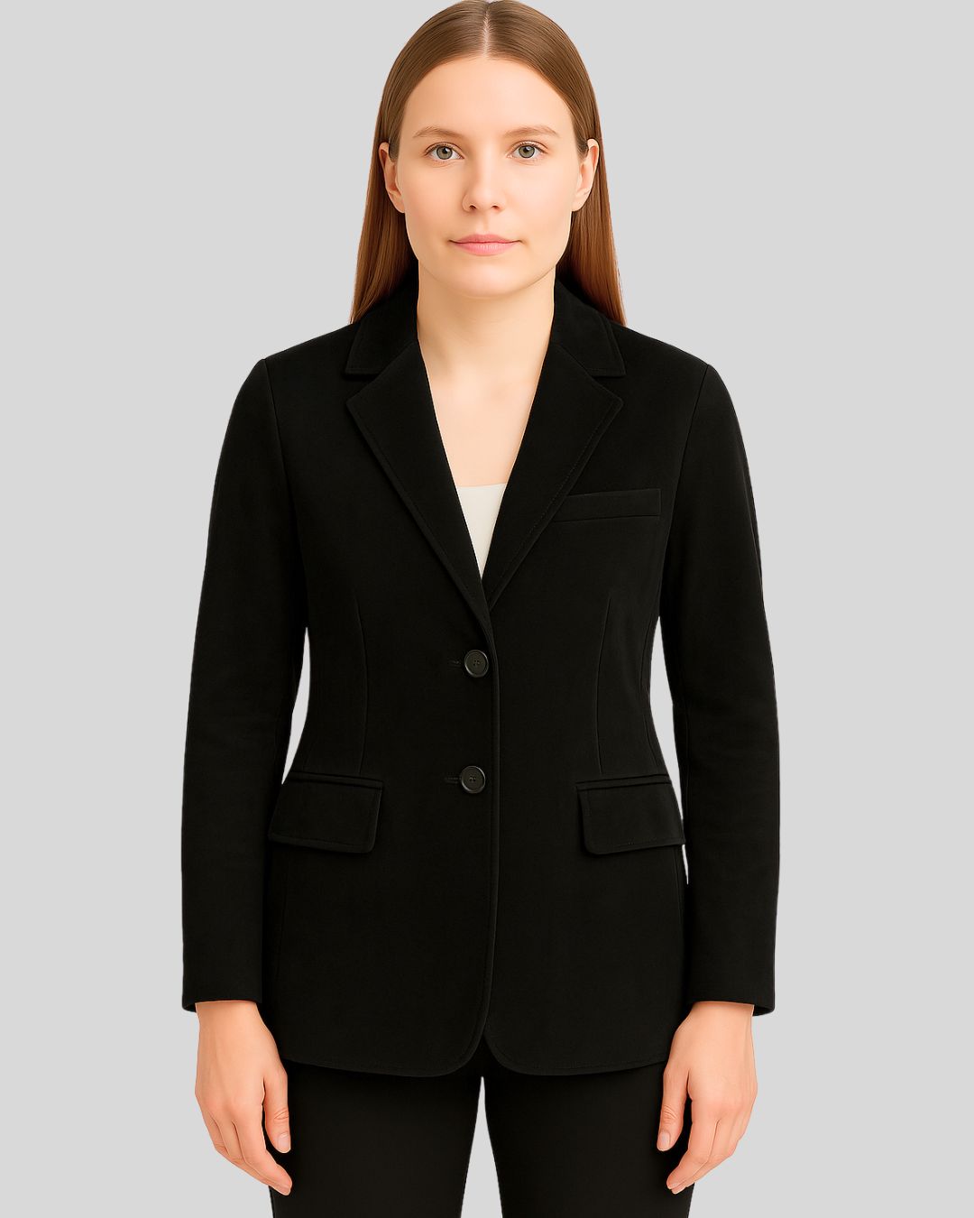 Front view of a women's black suede blazer