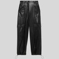 flat front view of black leather cargo pants with drawcord hems