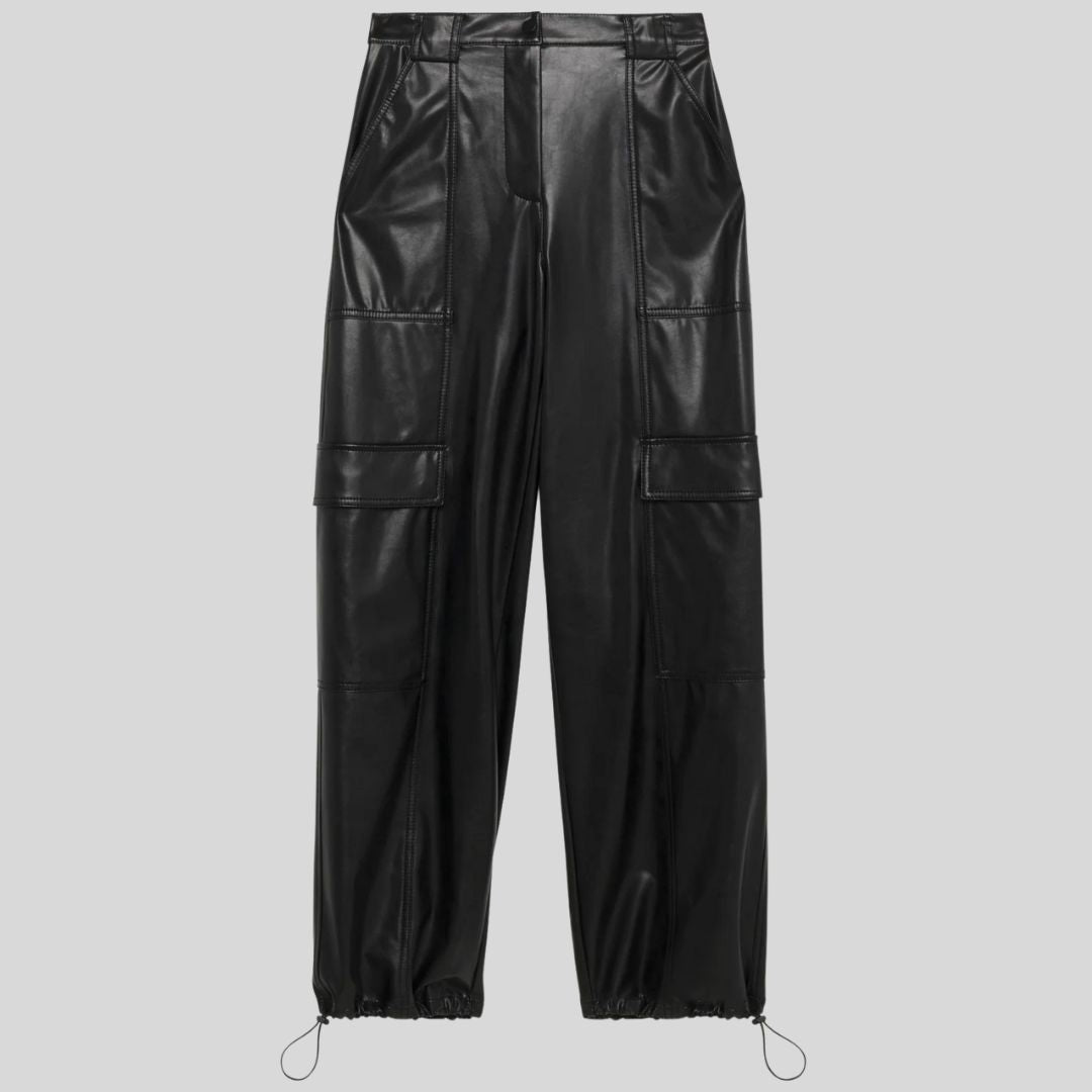 flat front view of black leather cargo pants with drawcord hems