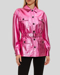 Pink metallic belted coat – women’s short leather jacket side view