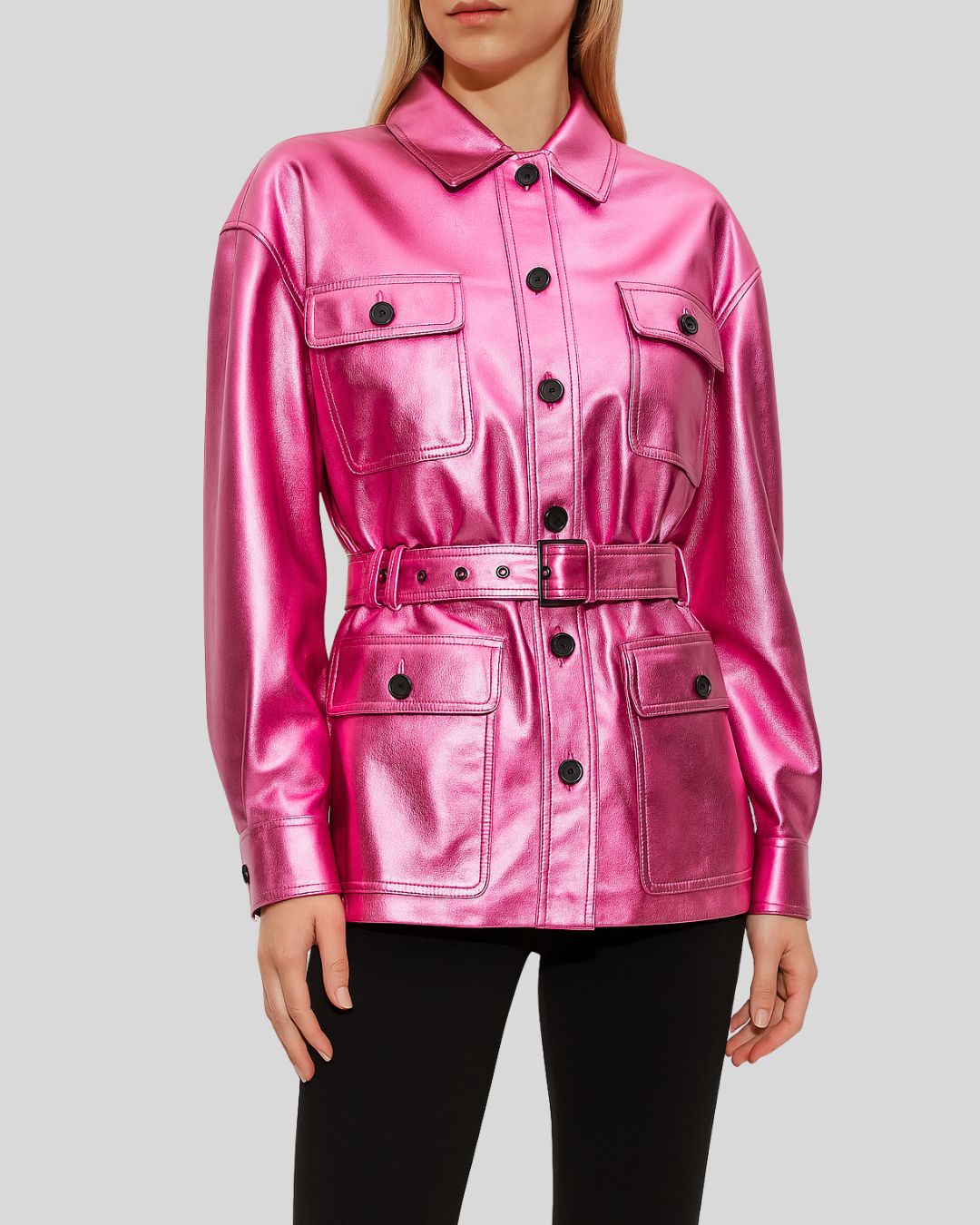 Pink metallic belted coat – women’s short leather jacket side view