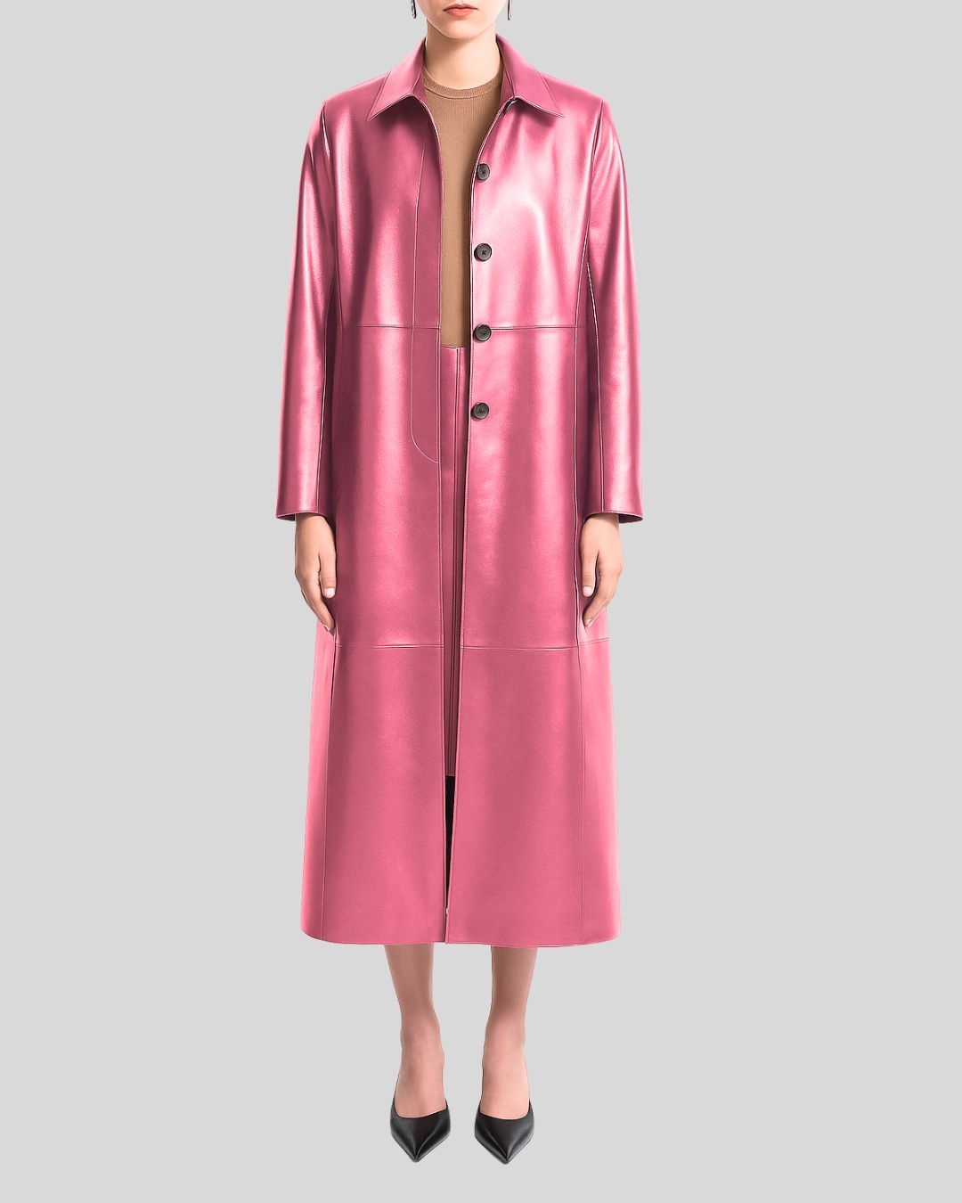 Pink metallic lambskin trench coat for women with open button closure