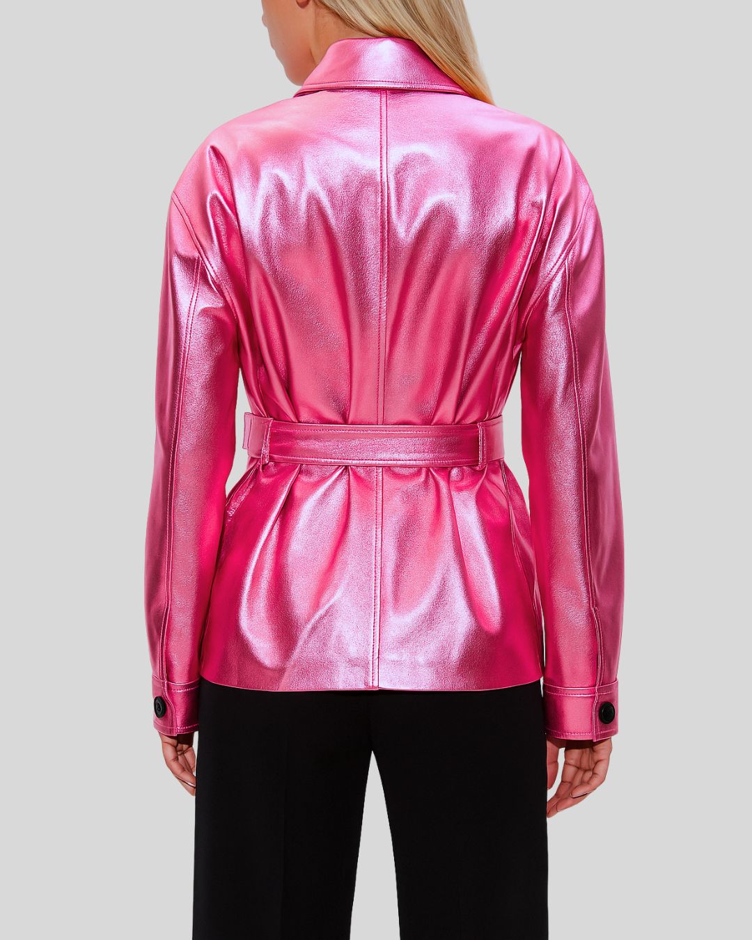 Pink metallic leather belted coat for women – front view with black buttons and waist tie