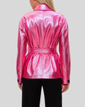Pink metallic leather belted coat for women – back view