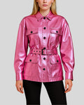 Pink metallic leather belted coat for women – front view with black buttons and waist tie