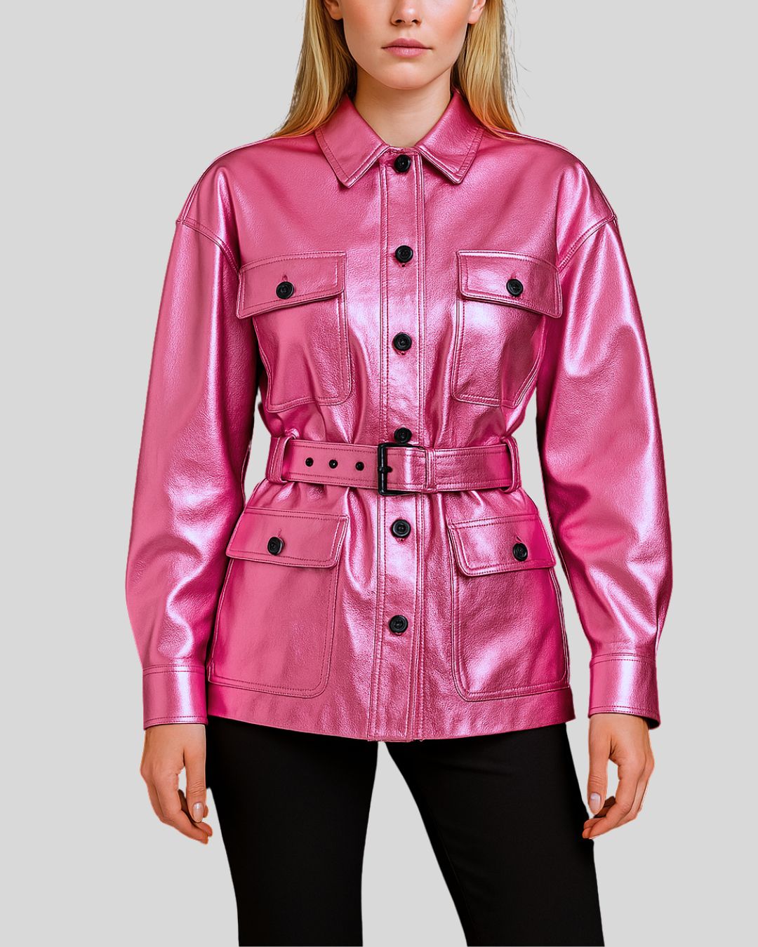 Pink metallic leather belted coat for women – front view with black buttons and waist tie