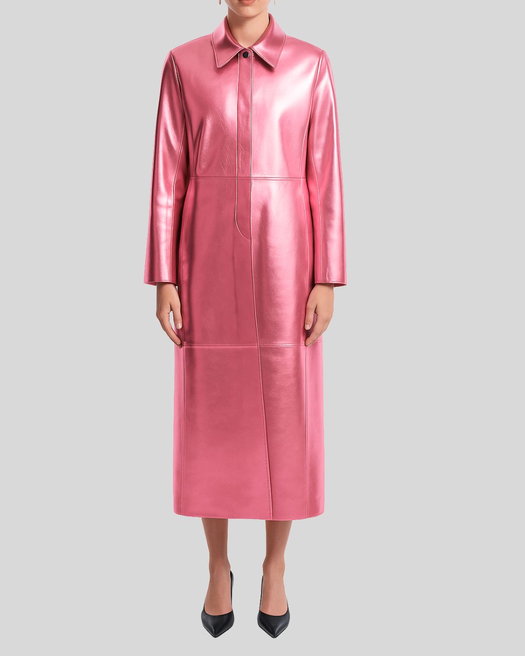 Pink metallic leather trench coat for women – full front view
