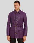 Front view of purple leather safari jacket with belted waist