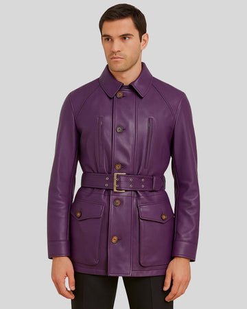 Front view of purple leather safari jacket with belted waist