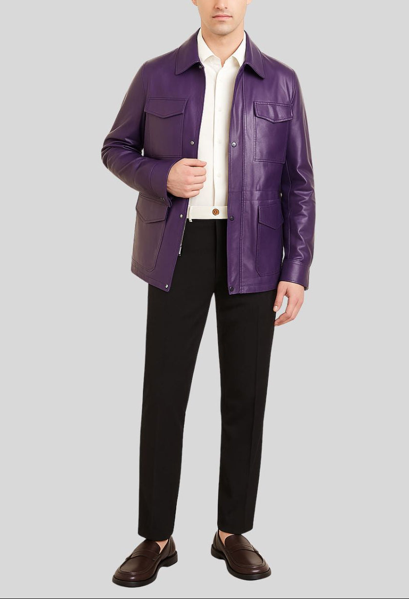 Front view of Imperial Utility Purple Leather Jacket for men