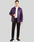 Full body styled look with purple leather jacket