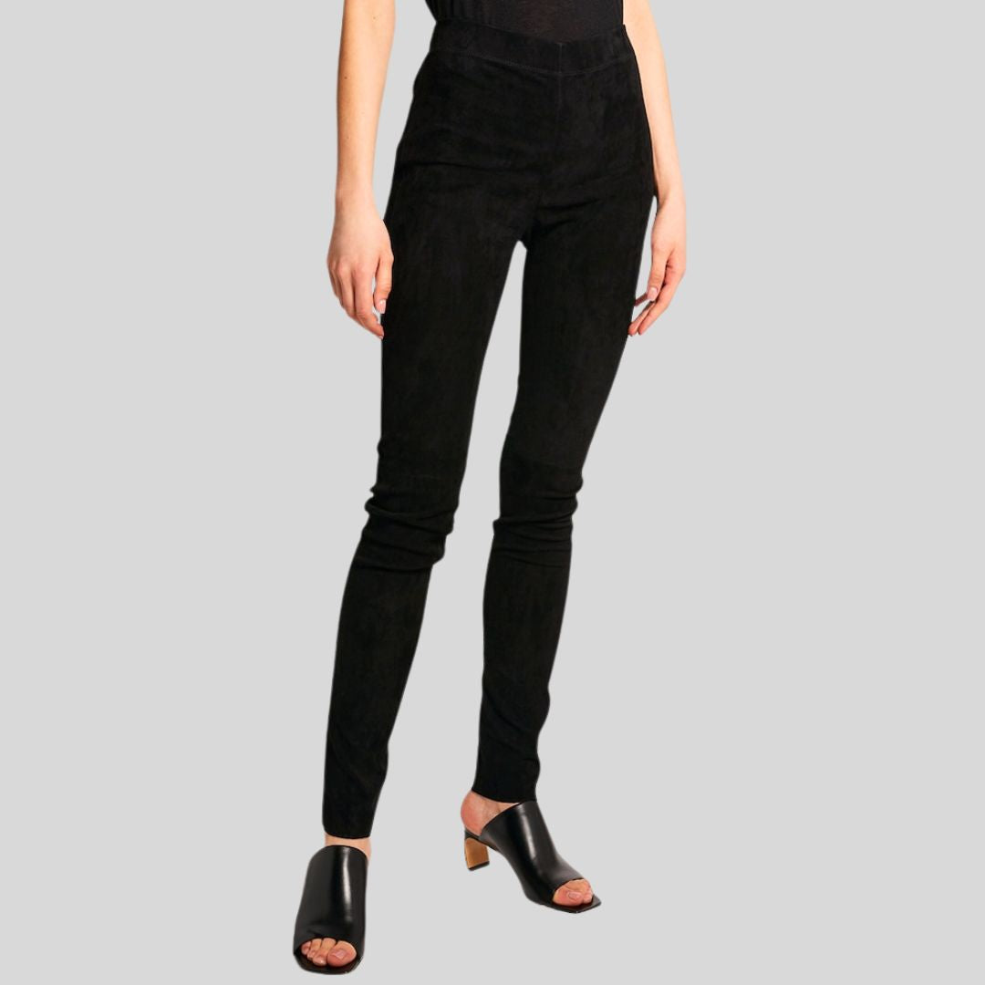 side view of high waisted black suede skinny pants