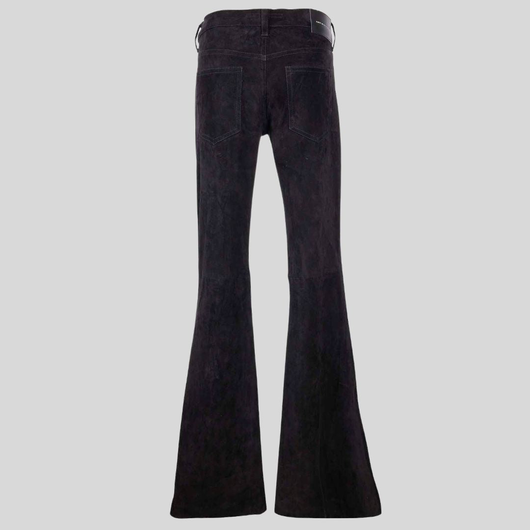 front view of womens black suede flare pants