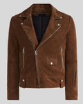 close-up of dark brown suede biker jacket hardware – Raven Vice