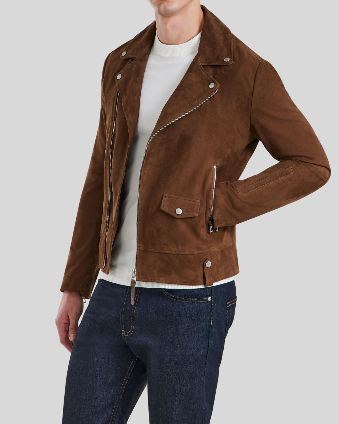 dark brown suede biker jacket side profile – Raven Vice Jacket