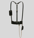 Rear view of black leather harness with utility pouches and chain