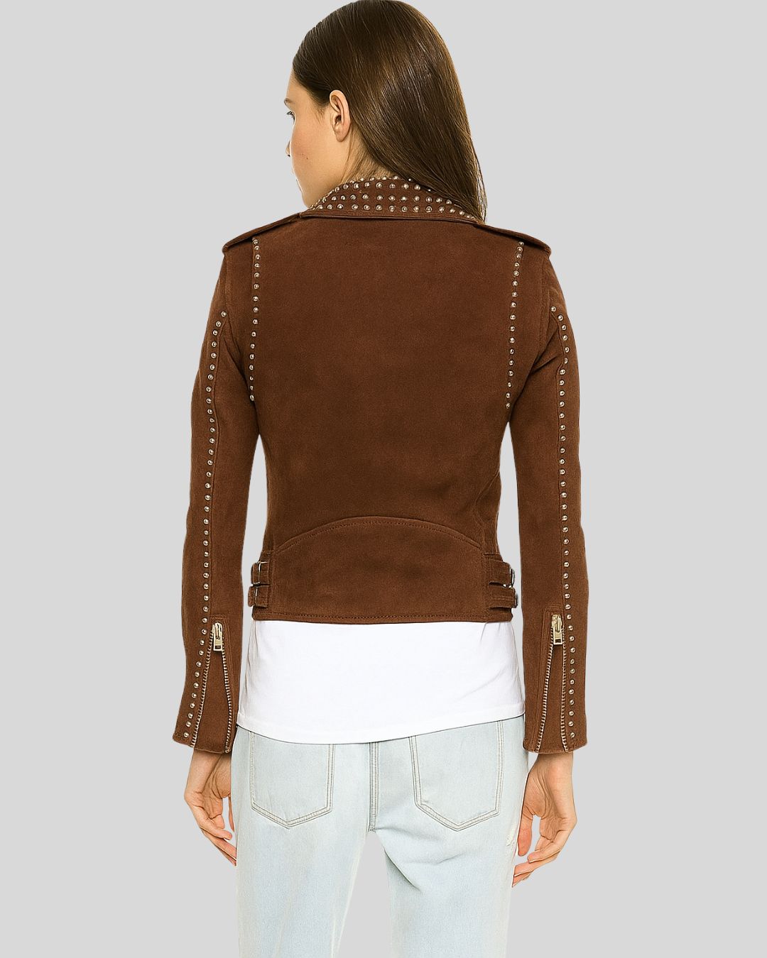Rear view of brown suede biker jacket showing vertical seam studs and clean back