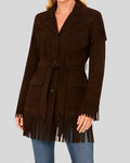  Brown suede fringe jacket from the front, waist belt tied
