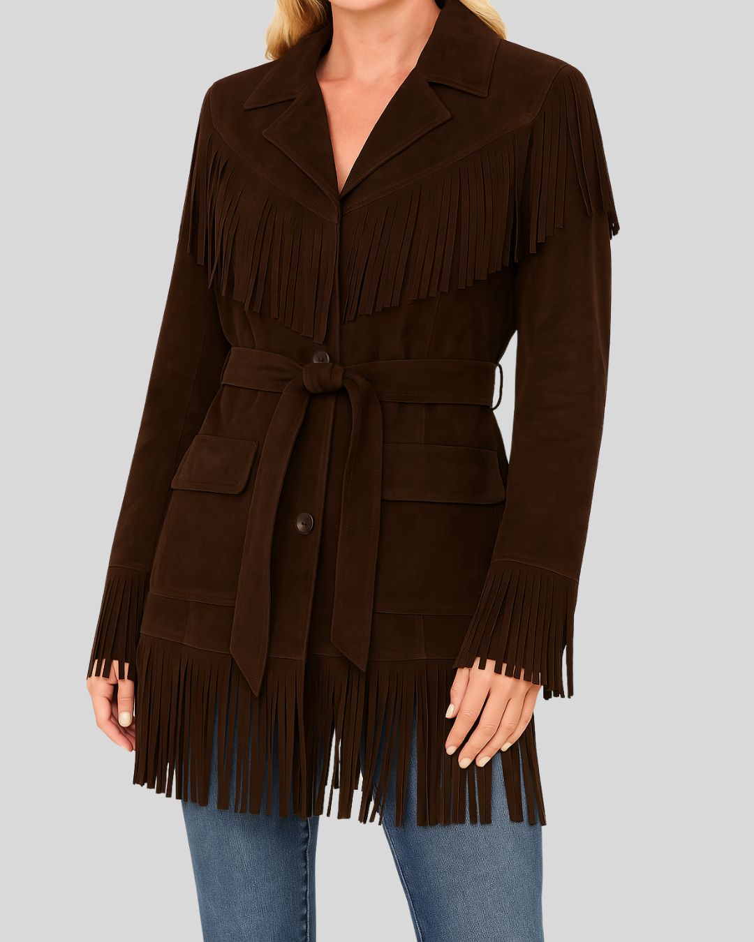  Brown suede fringe jacket from the front, waist belt tied
