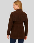  Back of chocolate brown suede fringe jacket with belt and yoke fringe
