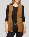 Women's studded suede fringe vest, front view
