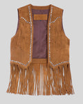 Studio image of tan suede fringe vest laid flat showing interior lining and fringe
