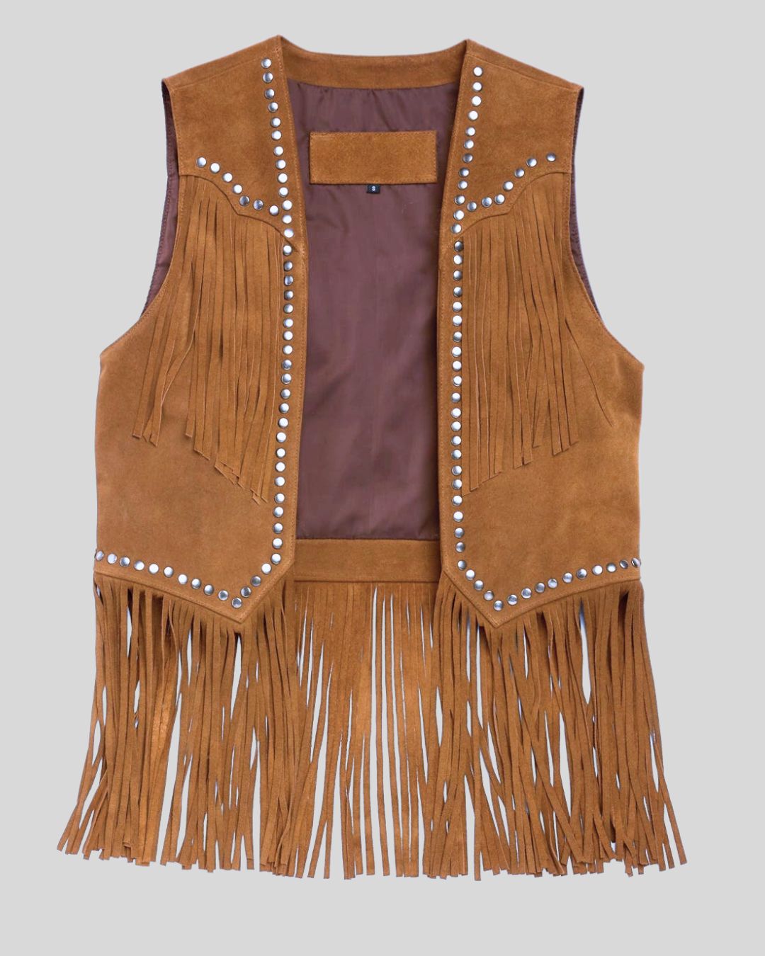 Studio image of tan suede fringe vest laid flat showing interior lining and fringe
