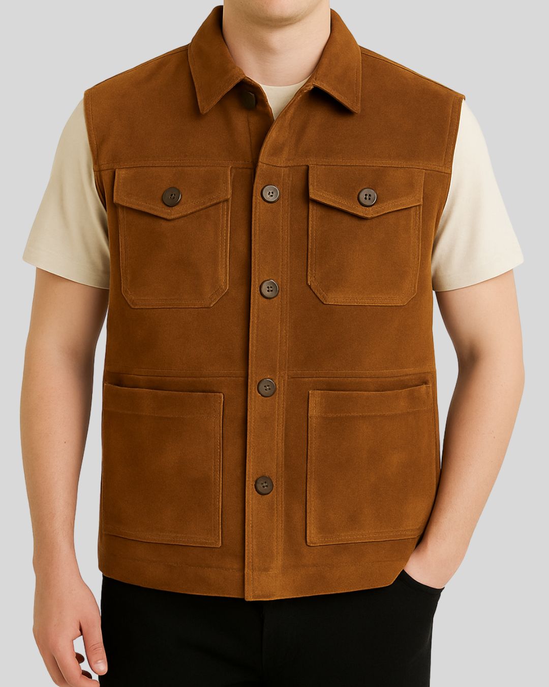 front view of Saddle Ridge brown suede safari vest