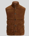 flat-lay studio image of brown suede puffer vest