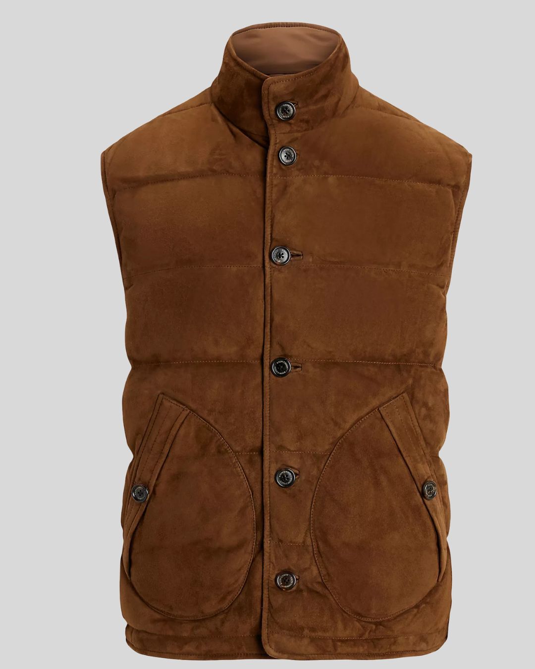 flat-lay studio image of brown suede puffer vest