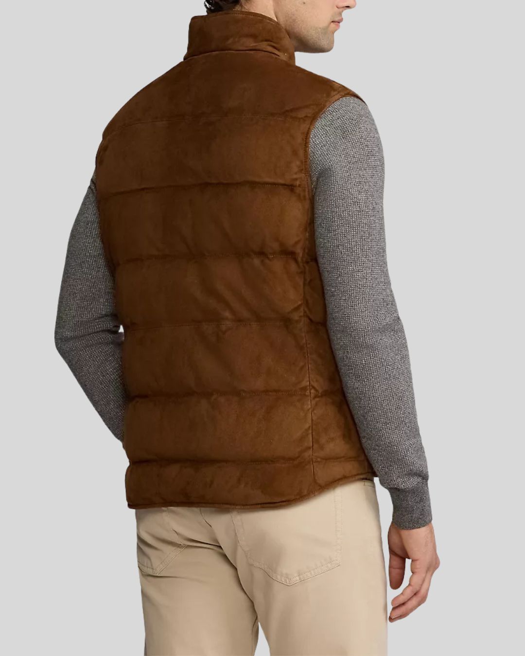 back view of brown suede quilted vest