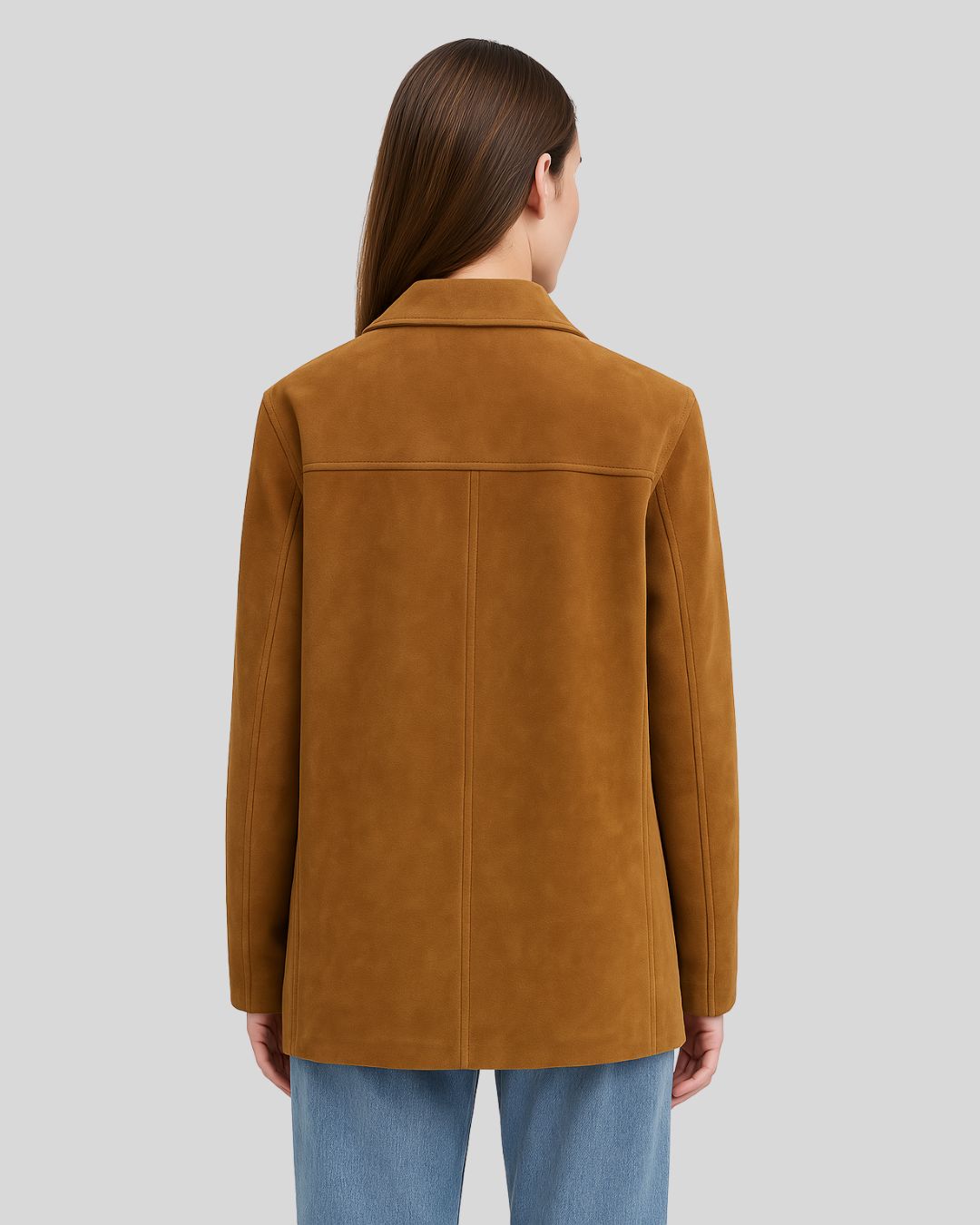  Back view of camel suede field jacket on woman with long hair