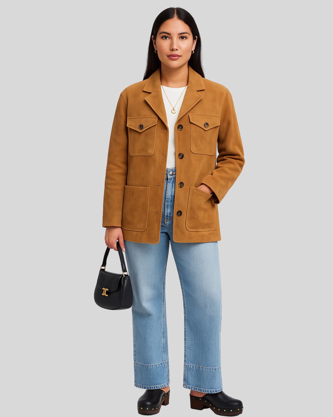  Woman wearing camel suede field jacket with utility pockets