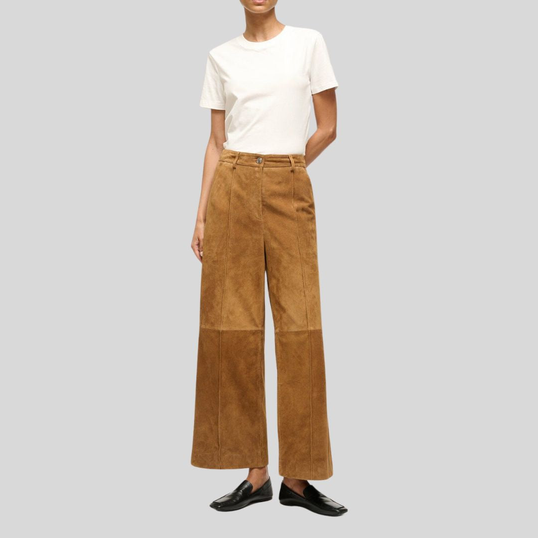 tan suede wide leg pants with button closure