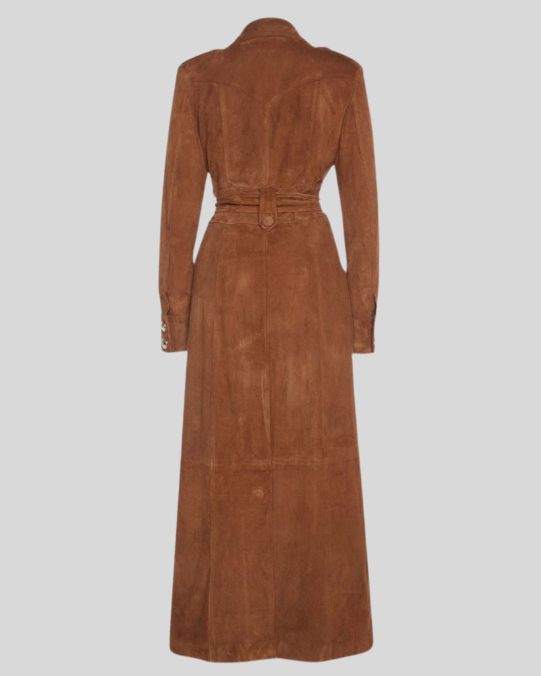  Front view of Sahara Reign brown suede trench coat with double-breasted buttons and waist belt.
