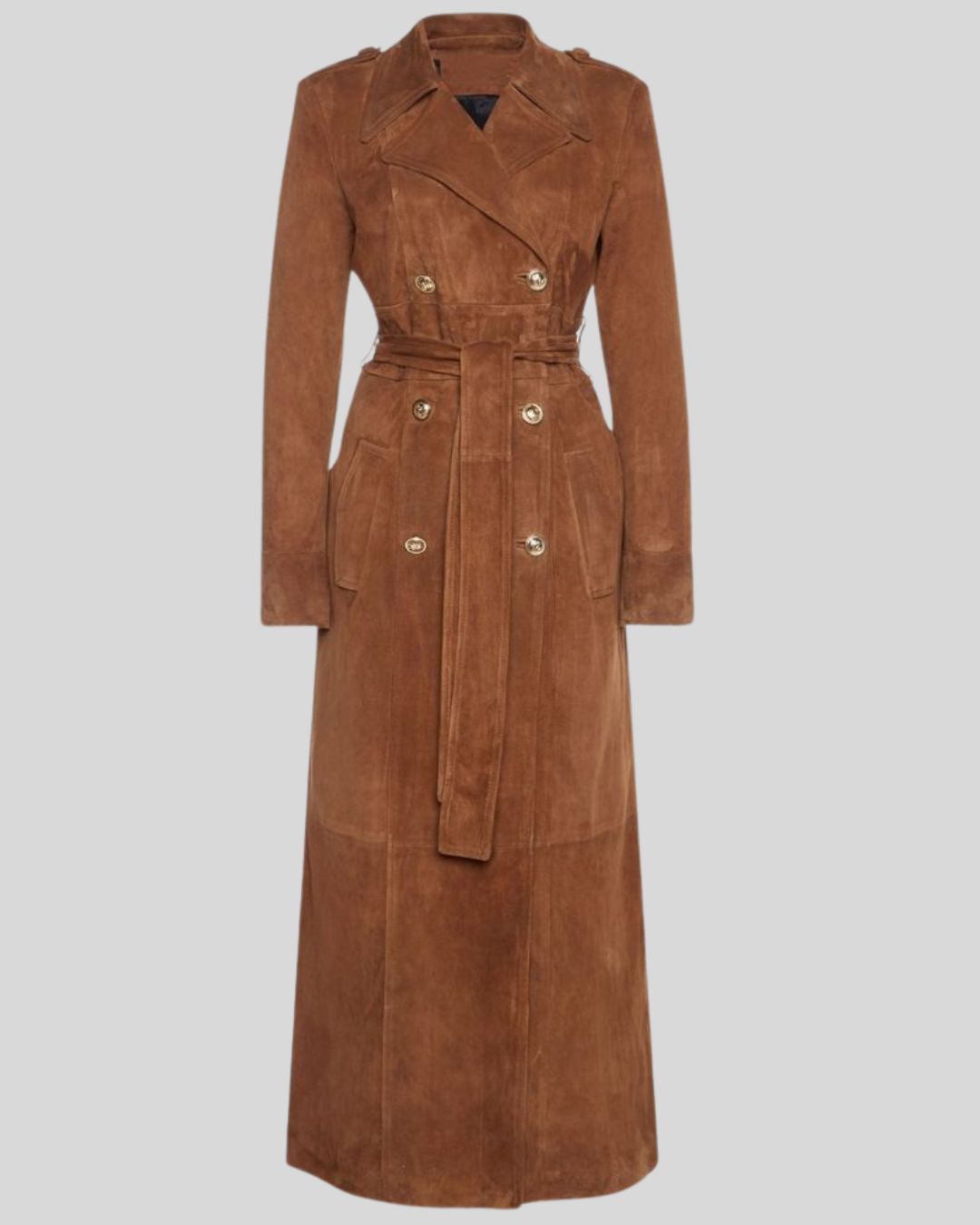  Front view of Sahara Reign brown suede trench coat with double-breasted buttons and waist belt.
