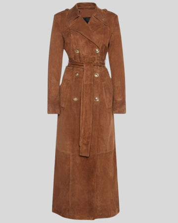  Front view of Sahara Reign brown suede trench coat with double-breasted buttons and waist belt.

