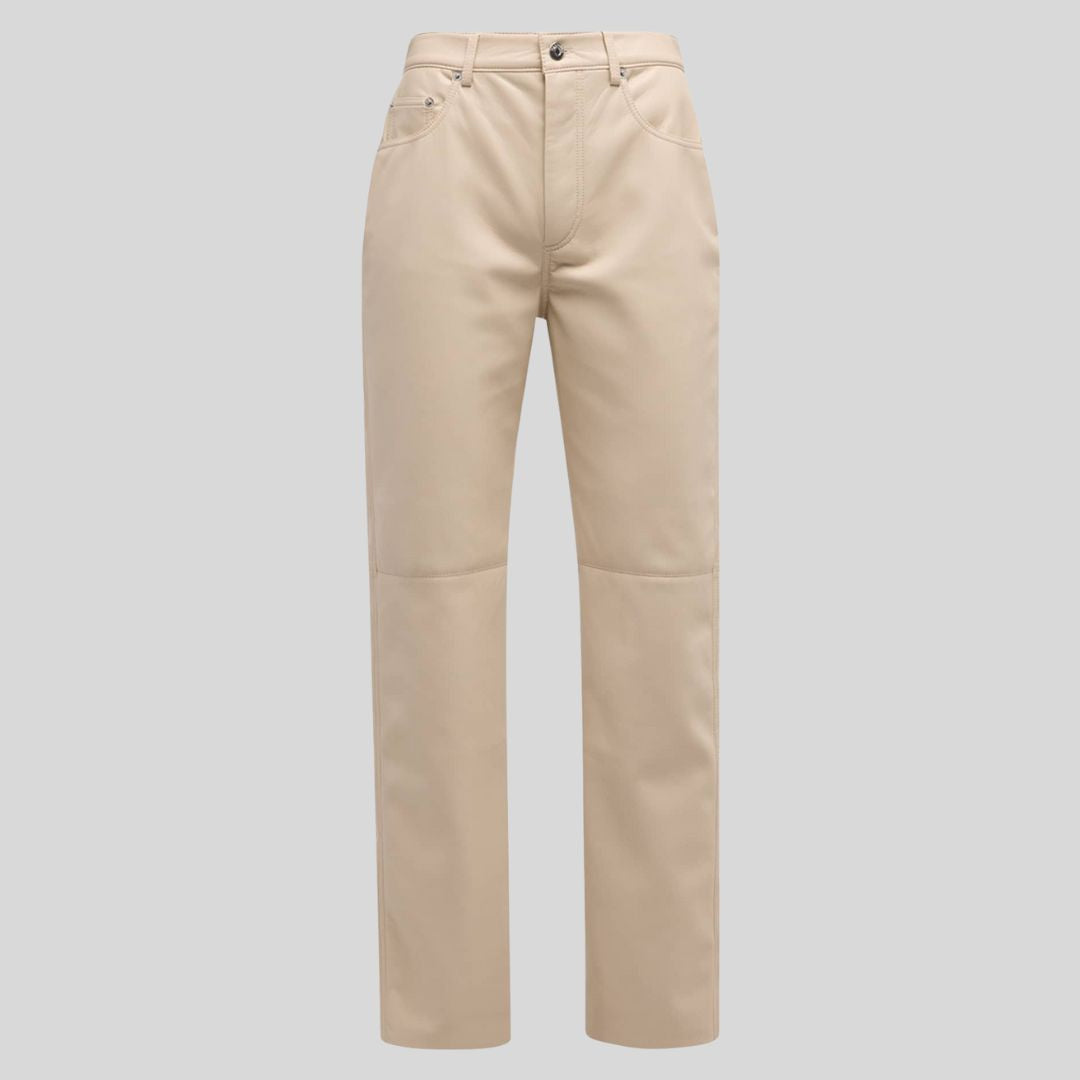  Beige straight-leg leather pants laid flat front view