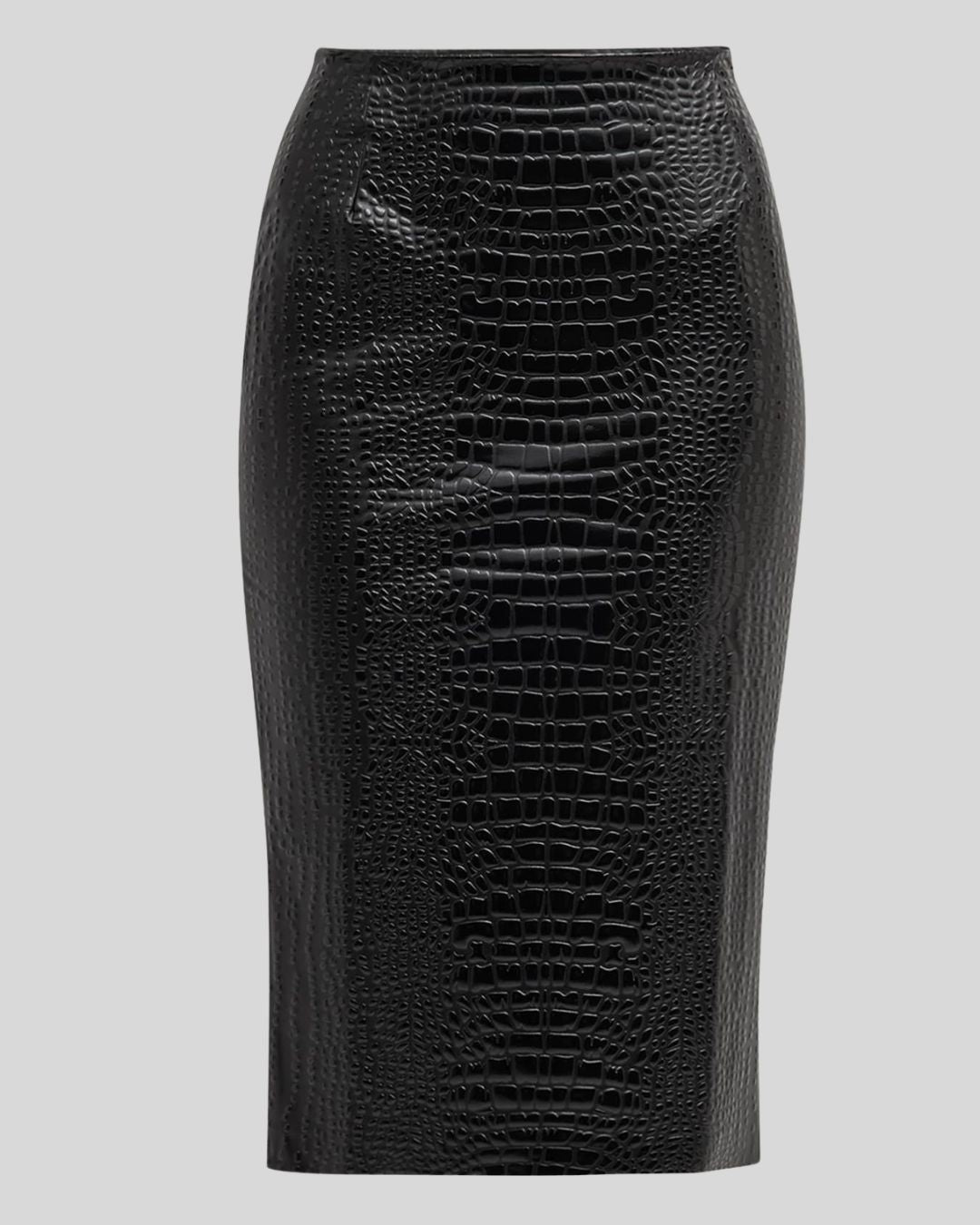  Croc embossed leather pencil skirt front view without model - Savona Croc Noir Skirt
