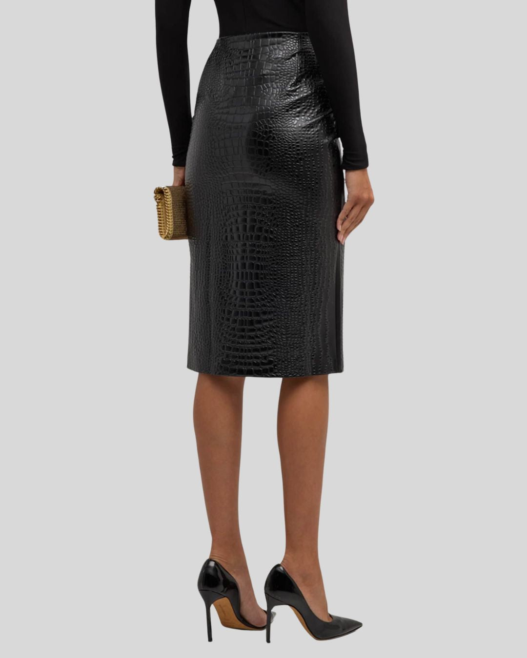  Croc embossed black leather pencil skirt back view - Savona Croc Noir Skirt