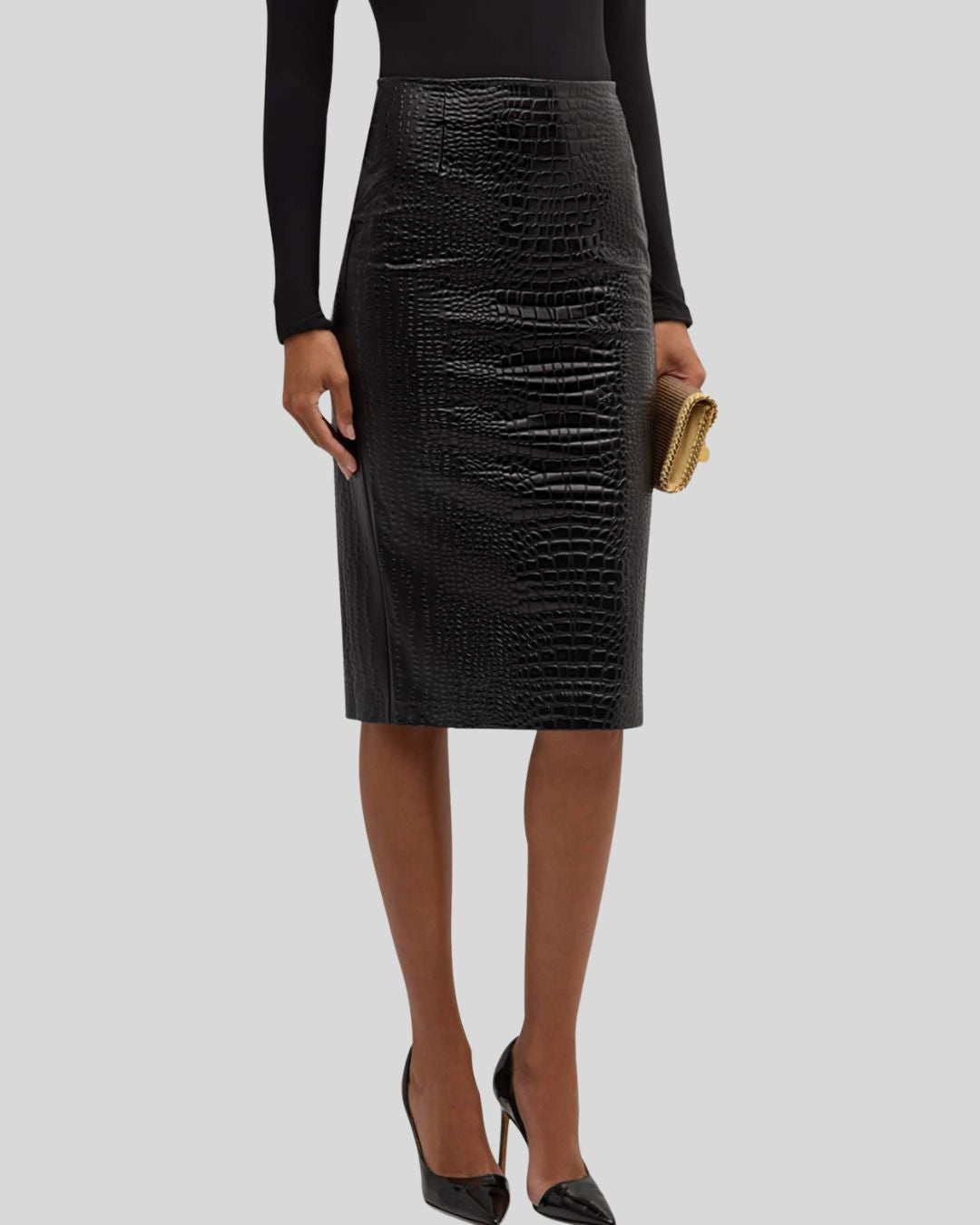  Croc embossed leather pencil skirt front view - Savona Croc Noir Skirt

