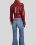  Back view of red fringe leather jacket with shoulder and sleeve detailing
