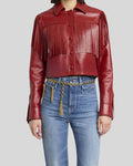 Front close-up of red fringe leather jacket showing button-up design
