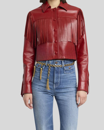Front close-up of red fringe leather jacket showing button-up design
