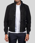  black suede bomber jacket mens front button view