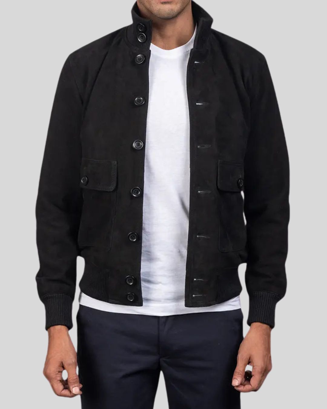  black suede bomber jacket mens front button view