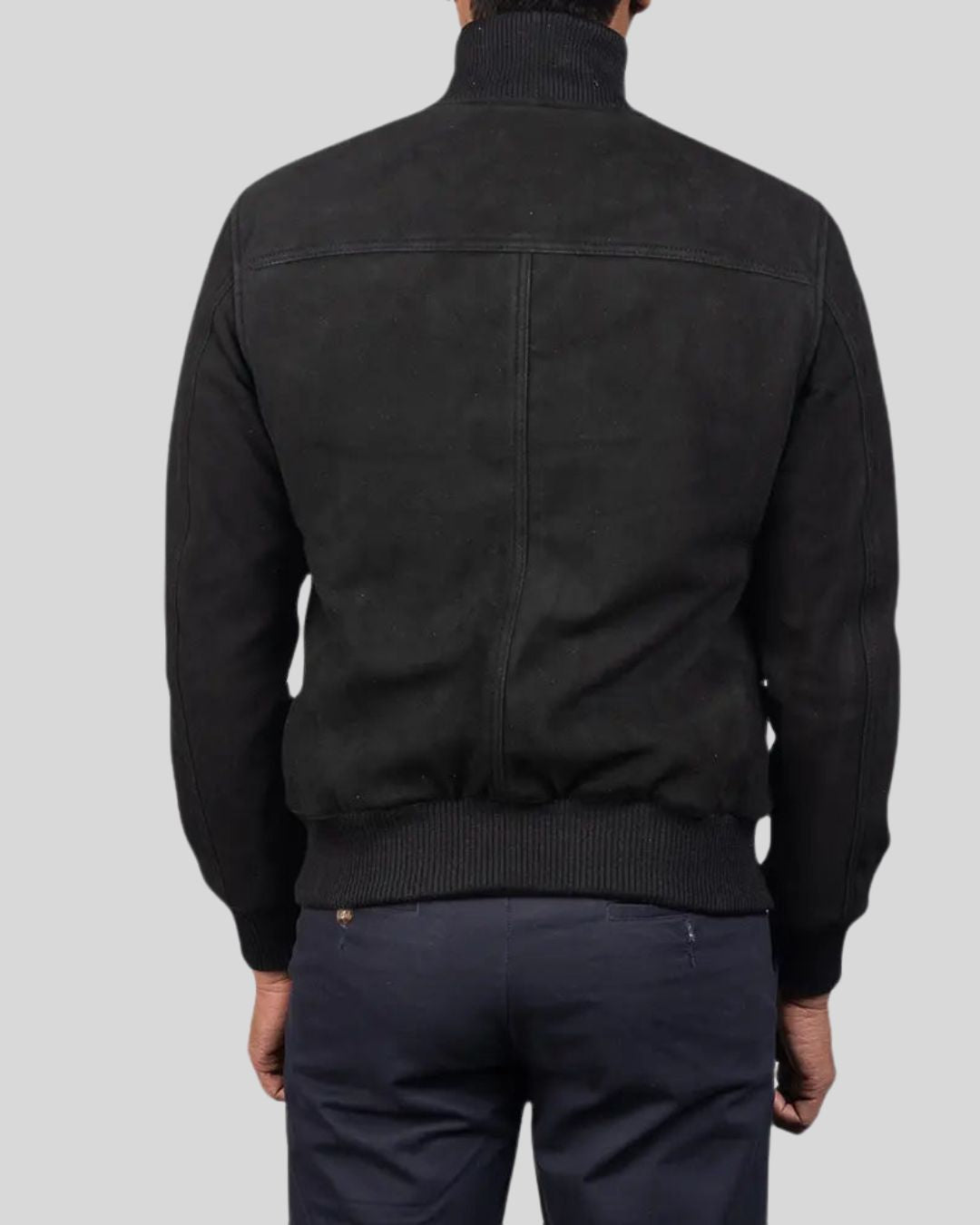 back view of mens bomber jacket in black suede