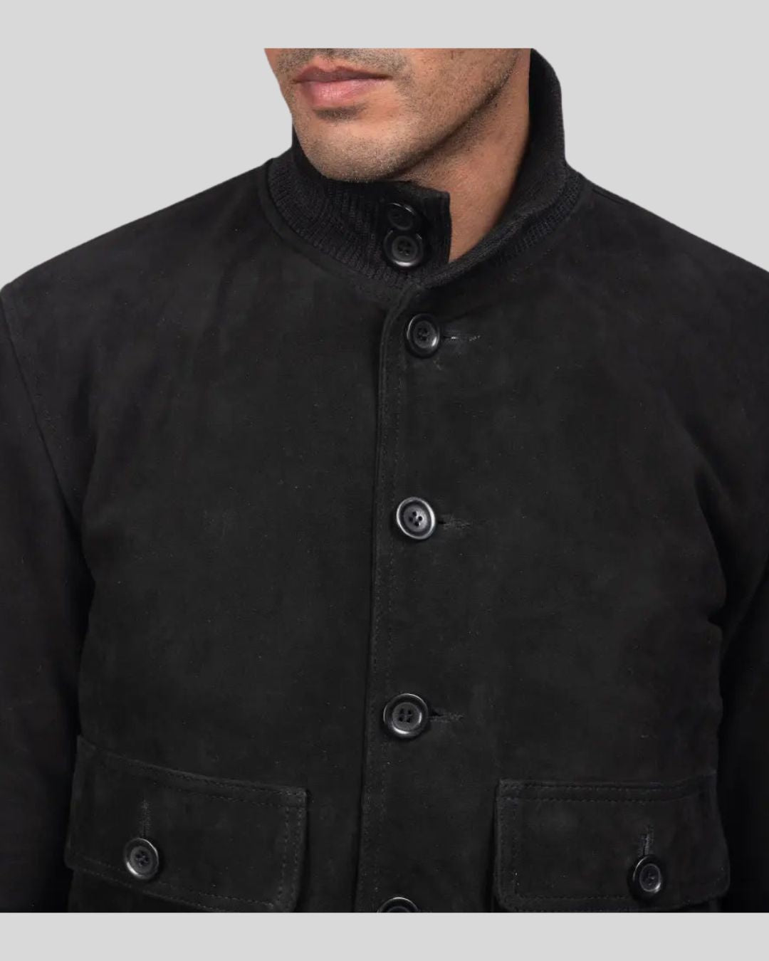 rib-knit collar on black suede bomber jacket