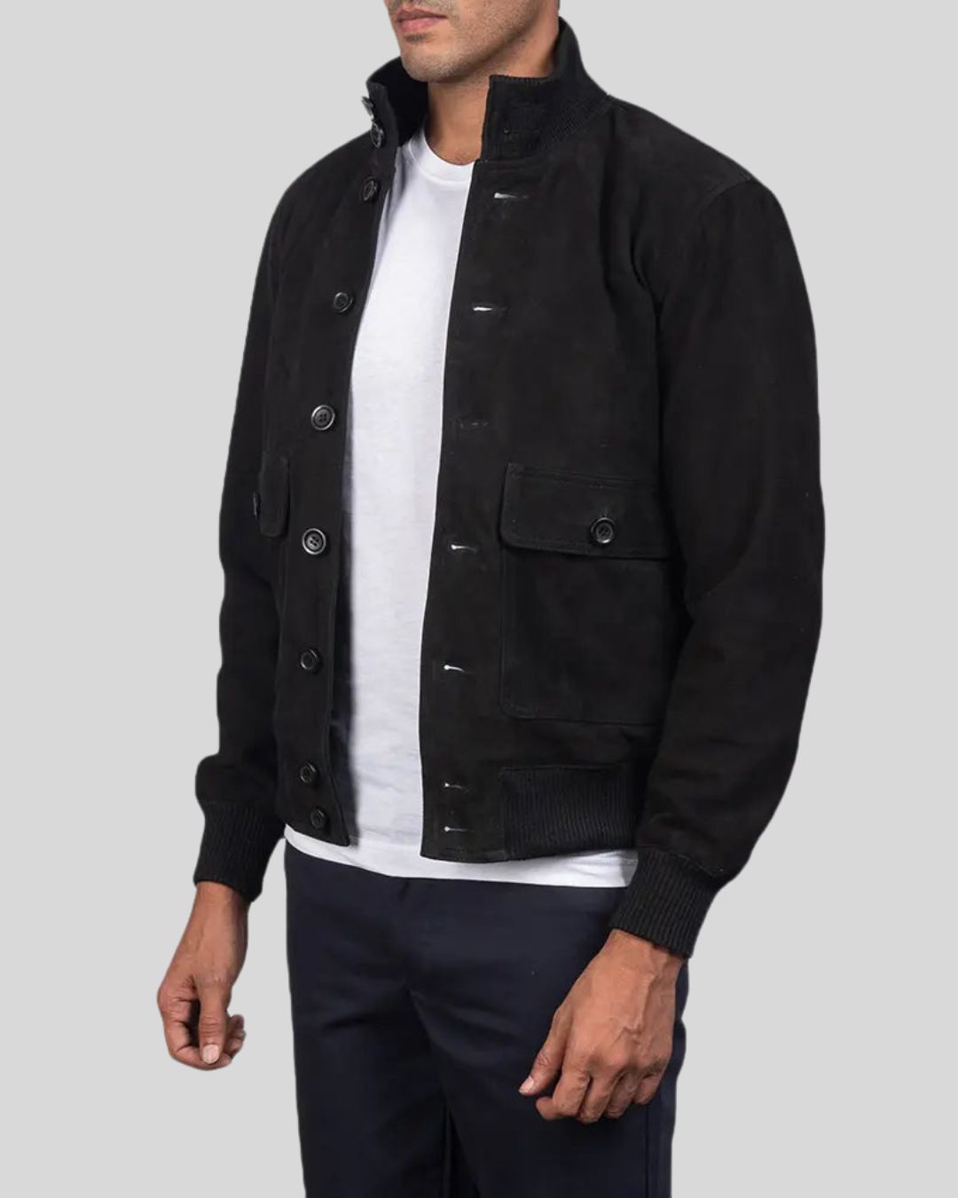 side profile of black suede bomber jacket mens