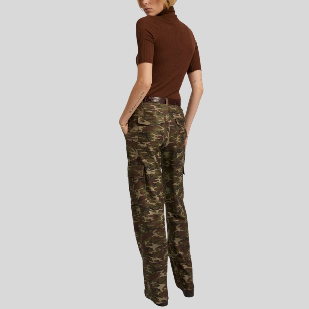 front view of camouflage leather pants for women